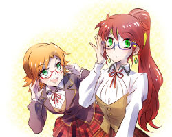 Rule 34 | 2girls, adjusting eyewear, alternate eye color, blazer, bustier, checkered clothes, checkered skirt, circlet, collar, corset, diadem, glasses, green eyes, hand up, hands up, highres, iesupa, jacket, light blush, long hair, long sleeves, looking at another, multiple girls, neck ribbon, nora valkyrie, open mouth, orange hair, pleated skirt, ponytail, purple-framed eyewear, pyrrha nikos, red-framed eyewear, red hair, red skirt, ribbon, rwby, school uniform, semi-rimless eyewear, shirt, short hair, sidelocks, skirt, smile, white background, white shirt