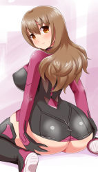 Rule 34 | 1girl, alice gear aegis, ass, ass grab, black dress, black footwear, black gloves, blush, boots, breasts, brown hair, character request, closed mouth, covered erect nipples, dress, from behind, gloves, grabbing own ass, hair between eyes, hands on ass, huge ass, large breasts, long hair, looking at viewer, looking back, oborogumo takamitsu, orange eyes, raised eyebrow, shoe soles, short dress, sitting, smile, solo, tareme, thick thighs, thigh boots, thighhighs, thighs, wariza, wide hips