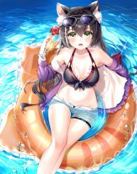 Rule 34 | 1girl, absurdres, animal ear fluff, animal ears, bikini, black bikini, black hair, blush, breasts, buri (retty9349), cat ears, collarbone, cup, day, fangs, floating, frilled bikini, frills, green eyes, halterneck, highres, holding, holding cup, innertube, karyl (princess connect!), karyl (summer) (princess connect!), large breasts, lips, long hair, looking at viewer, multicolored hair, navel, open fly, open mouth, outdoors, princess connect!, short shorts, shorts, solo, streaked hair, swim ring, swimsuit, very long hair, water, white hair, white shorts