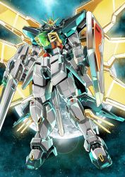 Rule 34 | after war gundam x, bad id, bad pixiv id, beam rifle, energy gun, garimpeiro, glowing, glowing eyes, glowing wings, green eyes, gun, gundam, gundam double x, highres, holding, holding gun, holding weapon, looking at viewer, looking down, mecha, mechanical wings, moon, robot, solo, space, weapon, wings