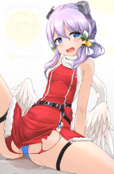 1girl angel_wings blue_eyes blue_panties commentary_request dress ear_bell fake_wings fur-trimmed_dress fur_trim headgear highres kantai_collection kyou_(tr-6) langley_(christmas)_(kancolle) langley_(kancolle) long_hair looking_at_viewer open_mouth panties purple_hair red_dress scarf sitting solo torn_clothes underwear variant_set watermark when_you_see_it white_scarf wings