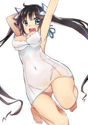 Rule 34 | 10s, 1girl, :d, akechi shizuku, arms up, barefoot, black hair, blue eyes, blush, breasts, cameltoe, covered navel, dress, dungeon ni deai wo motomeru no wa machigatteiru darou ka, hestia (danmachi), highres, jumping, large breasts, long hair, looking at viewer, midair, open mouth, rei no himo, simple background, skindentation, smile, solo, twintails, white background, white dress