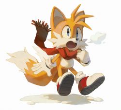 Rule 34 | 1boy, :o, blue eyes, bluekomadori, fox boy, full body, furry, furry male, gloves, male focus, multiple tails, open mouth, red scarf, scarf, shoes, solo, sonic (series), surprised, tail, tails (sonic), two tails, white gloves
