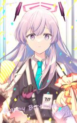 Rule 34 | 1girl, aqua necktie, blue archive, blue necktie, commentary request, expressionless, gift, halo, happy birthday, haruna hisui, highres, holding, holding gift, id card, long hair, long sleeves, looking at viewer, necktie, purple eyes, purple hair, shirt, skirt, twitter username, upper body, utaha (blue archive), white shirt, white skirt