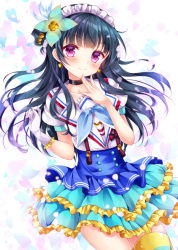 Rule 34 | 10s, 1girl, aozora jumping heart, black hair, blue eyes, choker, closed mouth, commentary, earrings, flower, gloves, hair flower, hair ornament, hand on own chin, jewelry, long hair, looking at viewer, love live!, love live! sunshine!!, maid headdress, nogi takayoshi, pink eyes, single glove, solo, striped clothes, striped legwear, striped thighhighs, thighhighs, tsushima yoshiko, white gloves