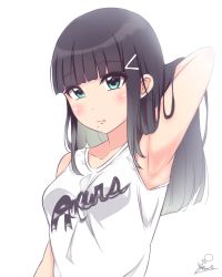 Rule 34 | 10s, 1girl, arm up, armpits, artist name, black hair, blush, clothes writing, collarbone, commentary request, green eyes, group name, hair ornament, hairclip, hand in own hair, highres, hime cut, kaya (yoshina9), kurosawa dia, long hair, looking at viewer, love live!, love live! sunshine!!, mole, mole under mouth, shirt, signature, simple background, sleeveless, sleeveless shirt, solo, standing, upper body, white background, white shirt