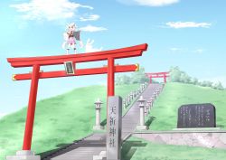 Rule 34 | 1girl, :d, animal, animal ears, bell, blue sky, boots, cloud, commentary request, day, fox ears, fox girl, fox mask, fox tail, frilled skirt, frills, grass, hair bell, hair ornament, hairclip, highres, japanese clothes, kimono, kouda suzu, landscape, long hair, long sleeves, mask, obi, off shoulder, open mouth, original, outstretched arms, sash, skirt, sky, smile, spread arms, stairs, standing, standing on object, stone lantern, stone tablet, tail, torii, translation request, twintails, white hair, wide sleeves