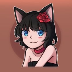Rule 34 | 1girl, :3, animal ears, bare shoulders, black hair, blue eyes, blush stickers, cat ears, chocolate (rabi ribi), collar, flower, hair flower, hair ornament, looking at viewer, lowres, rabi-ribi, short hair, simple background, solo, speckticuls, v-shaped eyebrows