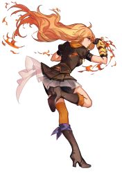 Rule 34 | 1girl, absurdres, blonde hair, boots, brown footwear, brown jacket, brown skirt, clenched hand, commentary, english commentary, fingerless gloves, fire, floating hair, from side, gloves, highres, jacket, kaneblob, long hair, official art, rwby, skirt, solo, standing, standing on one leg, yang xiao long, yellow eyes