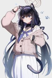 Rule 34 | 1girl, animal ear fluff, animal ears, black hair, blue archive, blue eyes, blue hairband, blue neckerchief, brown cardigan, brown halo, cardigan, cat ears, cat tail, grey background, hair between eyes, hairband, halo, highres, inusaka, jewelry, kemonomimi mode, long hair, long sleeves, low twintails, neckerchief, necklace, paw print, sailor collar, school uniform, simple background, skirt, solo, tail, twintails, ui (blue archive), very long hair, white sailor collar, white skirt