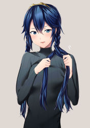 Rule 34 | 1girl, ameno (a meno0), bad id, bad twitter id, blue eyes, blue hair, braid, braiding hair, fire emblem, fire emblem awakening, grey background, hairdressing, highres, light blush, long hair, lucina (fire emblem), motion lines, nintendo, open mouth, simple background, smile, solo, sweater, symbol-shaped pupils, tiara, twin braids, twintails