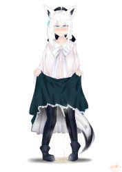Rule 34 | 1girl, absurdres, animal ears, aqua eyes, clochetteravine, clothes lift, fox ears, fox girl, fox tail, highres, hololive, lifted by self, peeing, peeing self, puddle, shirakami fubuki, skirt, skirt lift, solo, tail, virtual youtuber, wet, wet clothes, white background, white hair