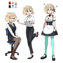 Rule 34 | !?, 1girl, @ @, alternate costume, aqua pantyhose, blonde hair, blue eyes, breasts, chair, closed eyes, color guide, detached collar, enmaided, evolvingmonkey, full body, hair ornament, hairclip, highres, large breasts, maid, maid headdress, mary janes, messy hair, mole, mole under eye, nakamura chise, office chair, office lady, original, pantyhose, ponytail, shoes, short hair, sitting, standing, standing on one leg, striped clothes, striped pantyhose, sweat, swivel chair, unworn hair ornament, unworn hairclip, vertical-striped clothes, vertical-striped pantyhose, vest, white background, wrist cuffs