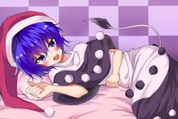 Rule 34 | 1girl, bed, black dress, blue eyes, blue hair, blush, doremy sweet, dress, hat, highres, looking at viewer, mifutatsu, on bed, open mouth, pillow, red hat, santa hat, sheep tail, short hair, solo, tail, touhou, wall