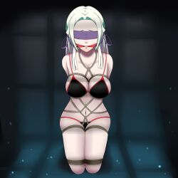 Rule 34 | 1girl, bare shoulders, bdsm, black background, black panties, blindfold, bondage, bound, breasts, brown rope, cleavage, cloth gag, collarbone, dankestofdans, edelgard von hresvelg, female focus, fire emblem, fire emblem: three houses, gag, gagged, green background, hair ornament, hair ribbon, highres, improvised gag, intelligent systems, kneeling, large breasts, lips, long hair, makeup, navel, nintendo, panties, pink lips, purple ribbon, red trim, ribbon, rope, shiny clothes, shiny skin, sideboob, solo, thick thighs, thighs, underwear, underwear only, white hair