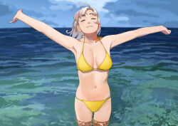 Rule 34 | 1girl, absurdres, ahoge, alternate costume, armpits, bare shoulders, bikini, blue sky, breasts, cleavage, closed eyes, closed mouth, cloud, cloudy sky, commentary request, day, facing viewer, grey hair, highres, kantai collection, kinugasa (kancolle), medium breasts, medium hair, navel, ocean, ojipon, outdoors, outstretched arms, partially submerged, sky, smile, solo, spread arms, stomach, swimsuit, water, yellow bikini