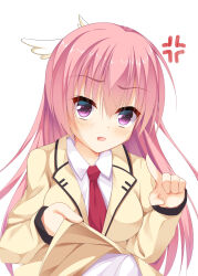 Rule 34 | 1girl, anger vein, angry, blush, breasts, commentary request, dress shirt, eyelashes, eyes visible through hair, hair between eyes, highres, index finger raised, jacket, large breasts, long hair, long sleeves, looking at viewer, mitsukasa ayase, necktie, open mouth, partial commentary, pink hair, pointing, pointing at viewer, purple eyes, red necktie, riddle joker, school uniform, shirt, shirt grab, shrimp 3, simple background, solo, very long hair, white background, white shirt, wing hair ornament, yellow jacket