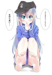 Rule 34 | 10s, 1girl, barefoot, blue eyes, blue hair, blush, feet, foot focus, hat, hibiki (kancolle), highres, jersey, kantai collection, long hair, looking at viewer, oyumaru0, pov, soles, toes, translated