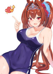 Rule 34 | 1girl, animal ears, bare shoulders, blue one-piece swimsuit, blush, breasts, brown hair, cleavage, collarbone, daiwa scarlet (umamusume), fang, hair intakes, heart, horse ears, horse girl, index finger raised, large breasts, long hair, looking at viewer, murio, one-piece swimsuit, open mouth, red eyes, simple background, smile, swimsuit, thighs, tiara, twintails, umamusume, very long hair, white background