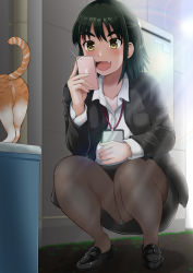 Rule 34 | 1girl, anus, blue panties, cat, cellphone, dress shirt, fang, green hair, highres, iphone, jacket, loafers, medium hair, name tag, office lady, open mouth, original, panties, panties under pantyhose, pantyhose, pencil skirt, phone, shirt, shoes, skirt, smartphone, smile, solo, sparkle, squatting, thick eyebrows, underwear, yano toshinori, yellow eyes