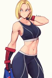 Rule 34 | 1girl, absurdres, black sports bra, blonde hair, blue eyes, breasts, cammy white, closed mouth, commentary, cowboy shot, english commentary, fingerless gloves, gloves, highres, holding, holding clothes, holding jacket, jacket, unworn jacket, medium breasts, navel, official alternate costume, pants, raichiyo33, scar, short hair, solo, sports bra, street fighter, street fighter 6, thick thighs, thighs, yoga pants
