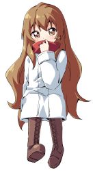 Rule 34 | 1girl, aisaka taiga, arm behind back, blush, boots, brown eyes, brown footwear, brown hair, check commentary, coat, commentary, commentary request, covering own mouth, cross-laced footwear, full body, hand up, haru (konomi 150), highres, long hair, long sleeves, red scarf, scarf, simple background, sitting, solo, toradora!, very long hair, white background, white coat
