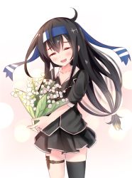 Rule 34 | 1girl, black hair, black thighhighs, blazer, blush, closed eyes, cuiseika, flower, hatsushimo (kancolle), hatsushimo kai ni (kancolle), headband, highres, jacket, jewelry, kantai collection, long hair, low-tied long hair, open mouth, pleated skirt, ring, school uniform, single thighhigh, skirt, smile, solo, tears, thighhighs, wedding ring
