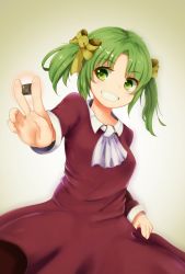 Rule 34 | 1girl, arm at side, ascot, between fingers, blush, bow, breasts, collarbone, collared dress, cowboy shot, dot nose, dress, elona, eyebrows, eyelashes, eyes visible through hair, facing away, gradient background, green eyes, green hair, grin, hair bow, hair intakes, highres, holding, keyboard (computer), long sleeves, looking away, multicolored background, odabutsu, outstretched arm, red dress, short hair, sidelocks, sleeves past wrists, small breasts, smile, solo, standing, symbol-shaped pupils, tareme, teeth, twintails, v, when you see it, white ascot, yellow bow, younger sister (elona)