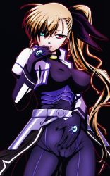 Rule 34 | 10s, 1girl, absurdres, asymmetrical hair, black background, blonde hair, bodysuit, breasts, cameltoe, cleft of venus, covered erect nipples, heterochromia, highres, jacket, large breasts, long hair, looking at viewer, lyrical nanoha, mahou shoujo lyrical nanoha vivid, aged up, puffy nipples, side ponytail, solo, tappa (esperanza), vivio