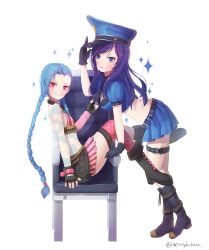 Rule 34 | 2girls, adjusting clothes, adjusting headwear, bad id, bad pixiv id, belt, blue eyes, blue hair, boots, braid, breasts, bullet, caitlyn (league of legends), chair, fingerless gloves, gloves, grabbing, hanato (seonoaiko), hat, jewelry, jinx (league of legends), league of legends, long hair, looking at viewer, midriff, multiple girls, necklace, officer caitlyn, pink eyes, police, police hat, police uniform, policewoman, simple background, sitting, skirt, small breasts, smile, tattoo, twin braids, twitter username, uniform, very long hair, weapon