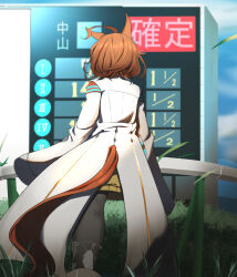 Rule 34 | 1girl, absurdres, agnes tachyon (umamusume), ahoge, animal ears, black pantyhose, brown hair, cork, earrings, feet out of frame, from behind, highres, horse ears, horse girl, horse racing track, janome de omukae, jewelry, lab coat, messy hair, pantyhose, short hair, single earring, sleeves past fingers, sleeves past wrists, solo, sweater, test tube, umamusume, yellow sweater