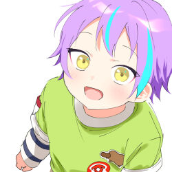 Rule 34 | 1boy, aged down, blue sky, blush, child, commentary, dot nose, from above, hk (wgyz7222), kamishiro rui, long sleeves, looking at viewer, male focus, multicolored hair, open mouth, platypus, project sekai, purple hair, short bangs, short hair, simple background, sky, solo, streaked hair, two-tone hair, white background, yellow eyes