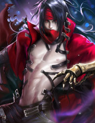 Rule 34 | 1990s (style), 1boy, black hair, cape, cowboy shot, final fantasy, final fantasy vii, gauntlets, glowing, glowing eyes, highres, long hair, looking at viewer, male focus, male pubic hair, navel, nipples, open clothes, pubic hair, red cape, red eyes, sakimichan, solo, vincent valentine