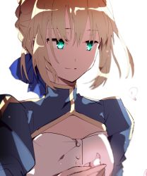 Rule 34 | 1girl, artoria pendragon (fate), blonde hair, blue dress, blue ribbon, breasts, cleavage cutout, closed mouth, clothing cutout, commentary request, dress, fate/stay night, fate (series), green eyes, hair ribbon, hiiragi fuyuki, juliet sleeves, long sleeves, puffy sleeves, ribbon, saber (fate), short hair, simple background, small breasts, smile, solo, upper body, white background