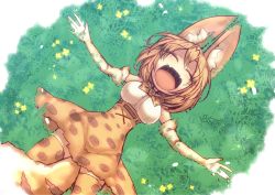 Rule 34 | 10s, 1girl, animal ears, between legs, blonde hair, bow, bowtie, breasts, commentary request, elbow gloves, closed eyes, fangs, flower, gloves, grass, high-waist skirt, kemono friends, kuresento, large breasts, lying, on back, on ground, open mouth, outstretched arms, serval (kemono friends), serval print, serval tail, shirt, short hair, skirt, sleeveless, sleeveless shirt, smile, solo, spread arms, tail, tail between legs, thighhighs