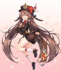 Rule 34 | 1girl, absurdres, ass, black headwear, black shorts, blustar sky, brown hair, flower, full body, genshin impact, hand on own chest, highres, hu tao (genshin impact), jewelry, legs, lifting own clothes, long hair, long sleeves, looking at viewer, open mouth, red eyes, ring, short shorts, shorts, smile, socks, solo, star-shaped pupils, star (symbol), symbol-shaped pupils, tailcoat, twintails, very long hair