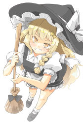 Rule 34 | 1girl, arnest, blonde hair, blush, bow, braid, broom, from above, grin, hat, highres, kirisame marisa, long hair, looking at viewer, puffy sleeves, shoes, short sleeves, single braid, smile, solo, star (symbol), touhou, white bow, witch hat, yellow eyes