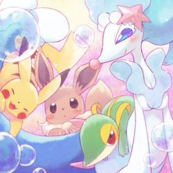 Rule 34 | blue eyes, blush, breasts, brown eyes, bubble, closed mouth, colorful, creatures (company), eevee, closed eyes, game freak, gen 1 pokemon, gen 5 pokemon, gen 7 pokemon, hair ornament, lying on person, medium breasts, mizuki kotora, nintendo, no humans, open mouth, pastel colors, pikachu, pink background, pokemon, pokemon (creature), primarina, red eyes, smile, snivy, star (symbol), star hair ornament, yellow background