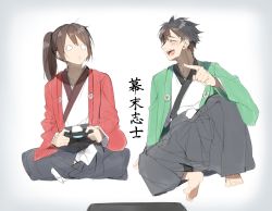 Rule 34 | 1boy, 1girl, :d, bare shoulders, black hair, blush, brown hair, closed eyes, commentary request, controller, full body, game controller, grey hakama, hair between eyes, hakama, hakama skirt, highres, holding, japanese clothes, kimono, laughing, long hair, long sleeves, niconico, o3o, o o, open clothes, open mouth, pentagon (railgun ky1206), pointing, ponytail, sakamoto ryouma (bakumatsu shishi channel), sketch, skirt, smile, takamori saigou (bakumatsu shishi channel), tears, teeth, translation request, upper teeth only, white kimono, wide sleeves