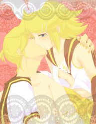 Rule 34 | 1boy, 1girl, bad id, bad pixiv id, blonde hair, blue eyes, breasts, brother and sister, closed eyes, hair ornament, hair ribbon, hairclip, hetero, incest, kagamine len, kagamine rin, kiss, nipples, ribbon, shinigami a, short hair, siblings, small breasts, twincest, twins, vocaloid