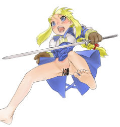 Rule 34 | 1girl, agrias oaks, bottomless, braid, breasts, censored, censored by text, final fantasy, final fantasy tactics, from below, full body, holding, holding sword, holding weapon, muhamado, pussy, short hair, simple background, single braid, solo, sword, weapon, white background
