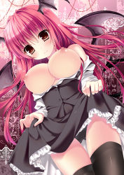 Rule 34 | 1girl, bat wings, black thighhighs, blush, breasts, breasts out, clothes lift, demon wings, female focus, head wings, kino (kino konomi), kino konomi, koakuma, large breasts, long hair, looking at viewer, nipples, no bra, red eyes, red hair, skirt, skirt lift, smile, solo, standing, team shanghai alice, thighhighs, touhou, vest, wings