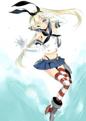 Rule 34 | 10s, blonde hair, blue eyes, gloves, hairband, high heels, kantai collection, long hair, nabi (w44k16), sailor collar, shimakaze (kancolle), skirt, solo, striped clothes, striped thighhighs, thighhighs, wince