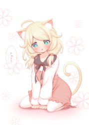 Rule 34 | ahoge, animal ear fluff, animal ears, between legs, blonde hair, blush, cat ears, cat girl, cat tail, collarbone, commentary request, dress, flower, green eyes, hand between legs, highres, hosizora mikoto, idolmaster, idolmaster cinderella girls, long hair, long sleeves, looking at viewer, low twintails, no shoes, open mouth, pantyhose, pink dress, ribbed dress, shirt, simple background, sitting, solo, tail, translation request, twintails, wariza, white pantyhose, white shirt, yusa kozue