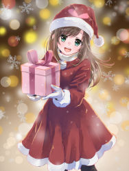 Rule 34 | 1girl, :d, black legwear, blurry, blurry background, blush, box, brown hair, christmas, dress, floating hair, fur-trimmed dress, fur-trimmed headwear, fur trim, gift, gift box, gloves, green eyes, hat, highres, holding, holding box, kizuna ai, kizuna ai inc., lens flare, long hair, looking at viewer, medium dress, open mouth, red dress, red hat, rin.rin, santa costume, santa hat, smile, snowflakes, solo, virtual youtuber, white gloves