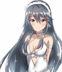 Rule 34 | 1girl, arms behind back, black hair, breasts, casual one-piece swimsuit, choker, collarbone, cosplay, frilled swimsuit, frills, grey hair, hair between eyes, hair ornament, hairband, hairclip, haruna (kancolle), highres, kantai collection, long hair, medium breasts, one-piece swimsuit, roko roko (doradorazz), sagiri (kancolle), sagiri (kancolle) (cosplay), simple background, smile, solo, swimsuit, upper body, white background, white choker, white one-piece swimsuit