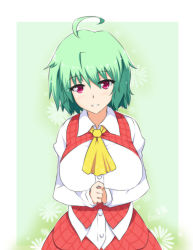 Rule 34 | 1girl, ahoge, ascot, breasts, butter-t, female focus, floral background, green hair, kazami yuuka, large breasts, own hands together, plaid, plaid skirt, red eyes, shirt, short hair, skirt, smile, solo, touhou