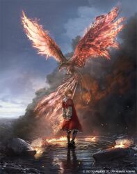 Rule 34 | 1boy, arms behind back, artist request, bird, blonde hair, cloud, final fantasy, final fantasy xvi, fire, from behind, highres, joshua rosfield, official art, phoenix, puddle, puffy sleeves, red robe, robe, rock, short hair, sky, water