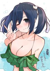 Rule 34 | 1girl, 9610 (kuroto), artist name, bikini, black eyes, blue hair, breasts, cleavage, collarbone, dated, frilled bikini, frills, green bikini, highres, kantai collection, large breasts, long hair, one-hour drawing challenge, smile, solo, souryuu (kancolle), swimsuit, twintails, twitter username, upper body, v