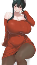Rule 34 | 1girl, bare shoulders, black hair, breasts, collarbone, dress, earrings, gold earrings, hairband, highres, huge breasts, jewelry, kemigawa mondo, long hair, long sleeves, looking at viewer, pantyhose, red eyes, red sweater, sidelocks, sitting, solo, spy x family, sweater, sweater dress, thighs, white background, yor briar